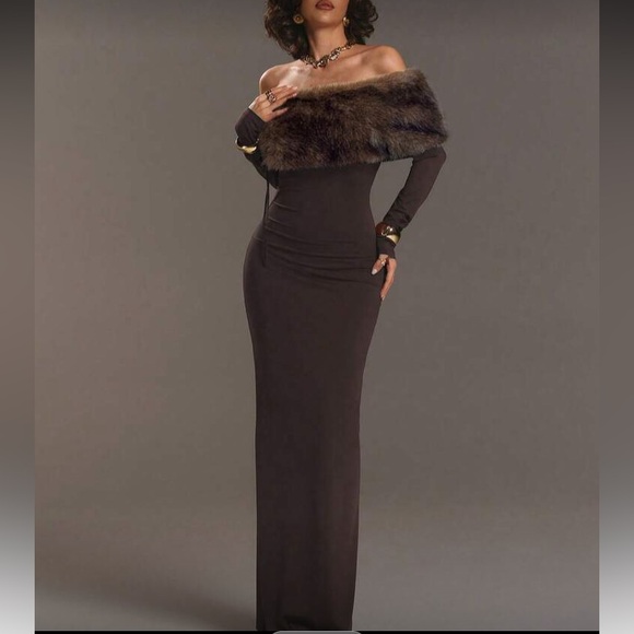 Elegant Off-Shoulder Brown.  Dress